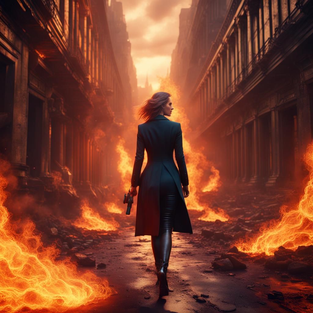 Secret Agent Woman Walking Through Flames