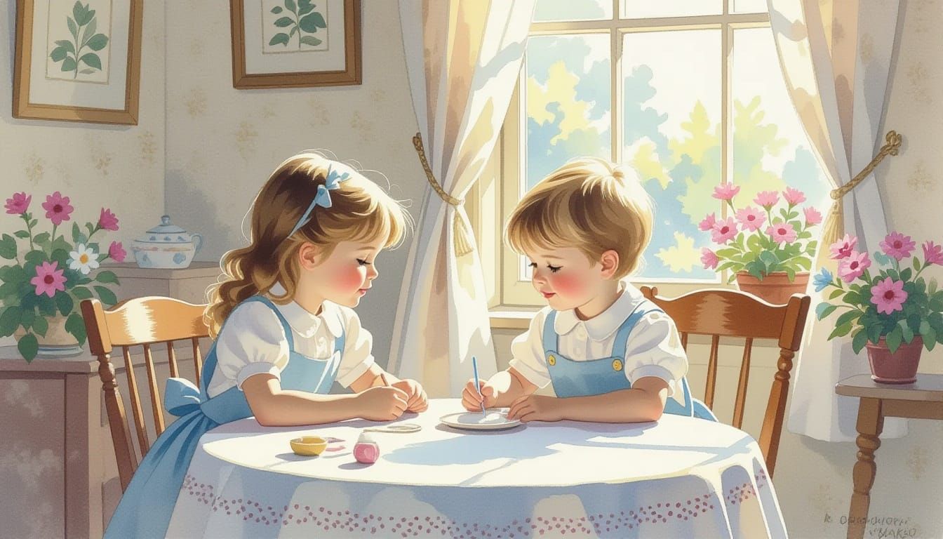 Nostalgic Childhood Memories in Dreamlike Gouache Painting