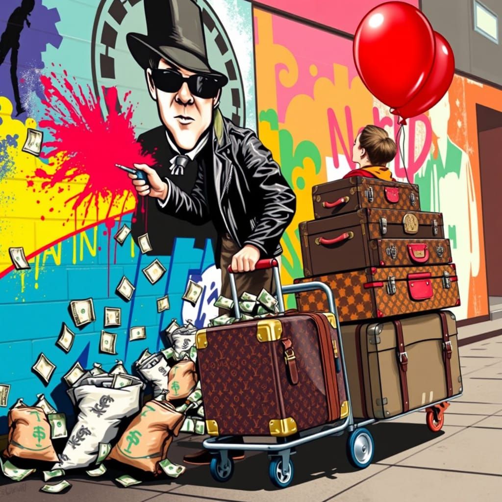 Graffiti Artist in Streetwear Style Amidst Pop Art Luxury