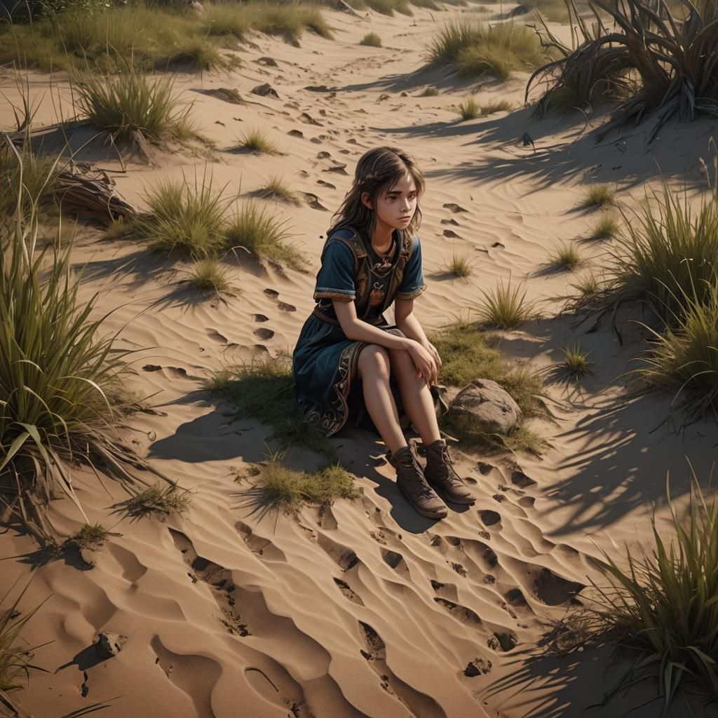 Girl in Sandy Grass, Detailed Matte Painting