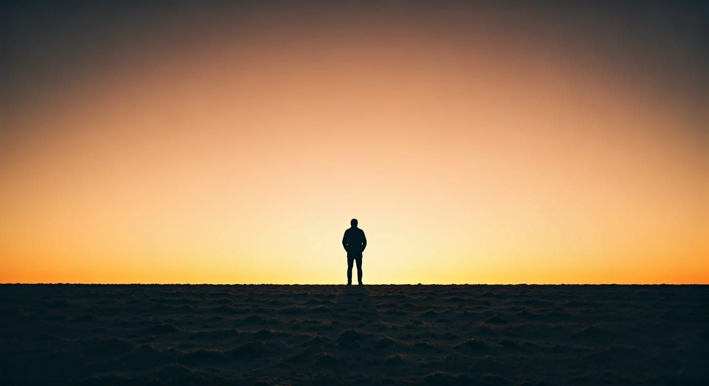 Man Silhouetted Against Vibrant Gradient Sky in Landscape Pa...