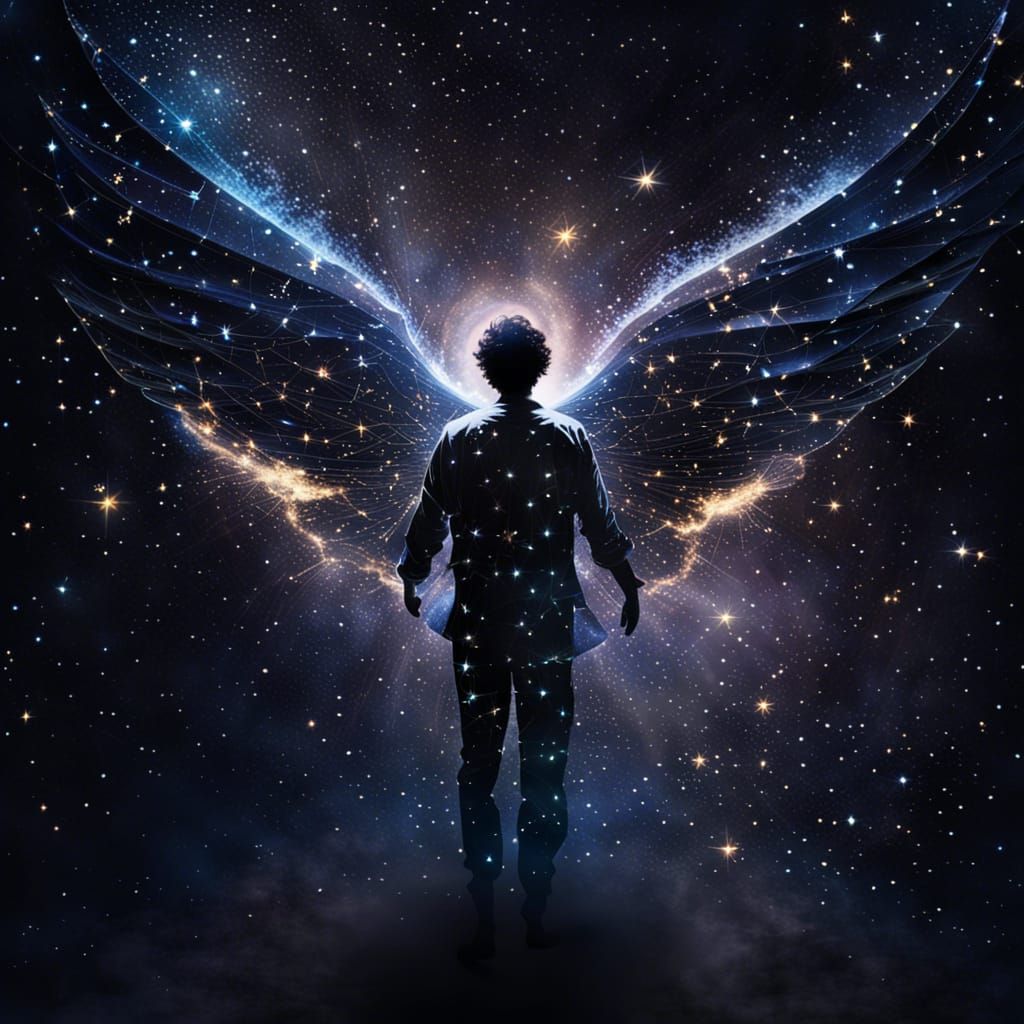 Man with Angel Wings Flying Through Starry Universe