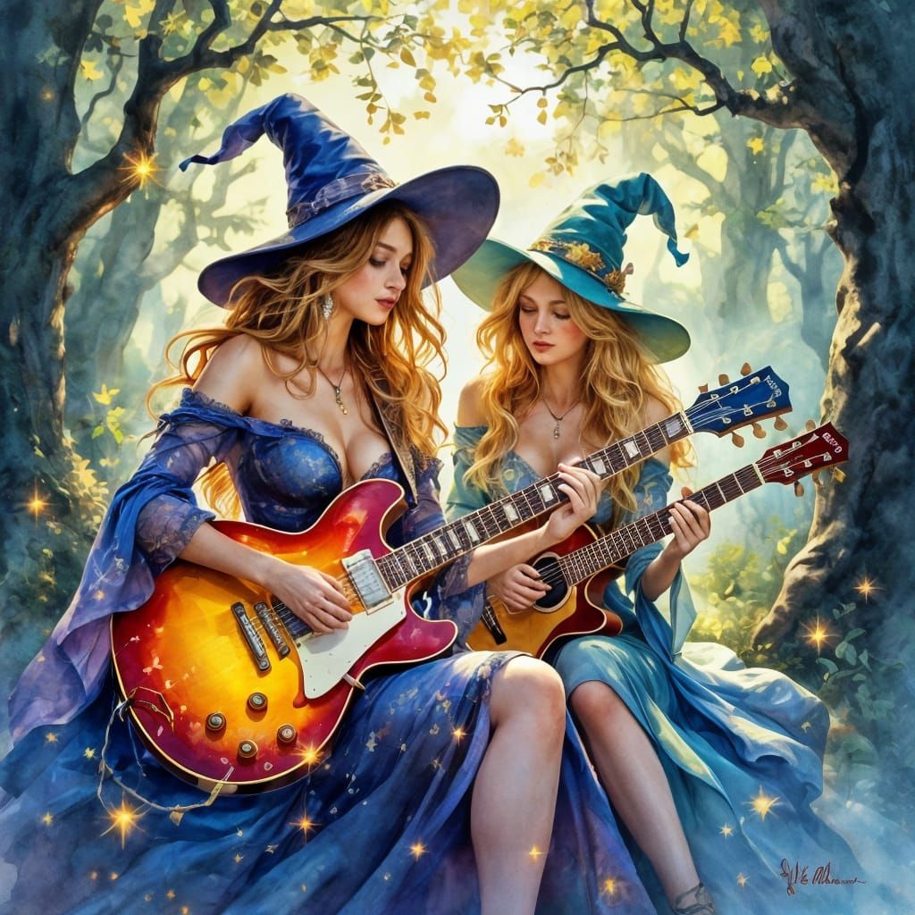 Three Witches Play Electric Guitar in Enchanted Forest