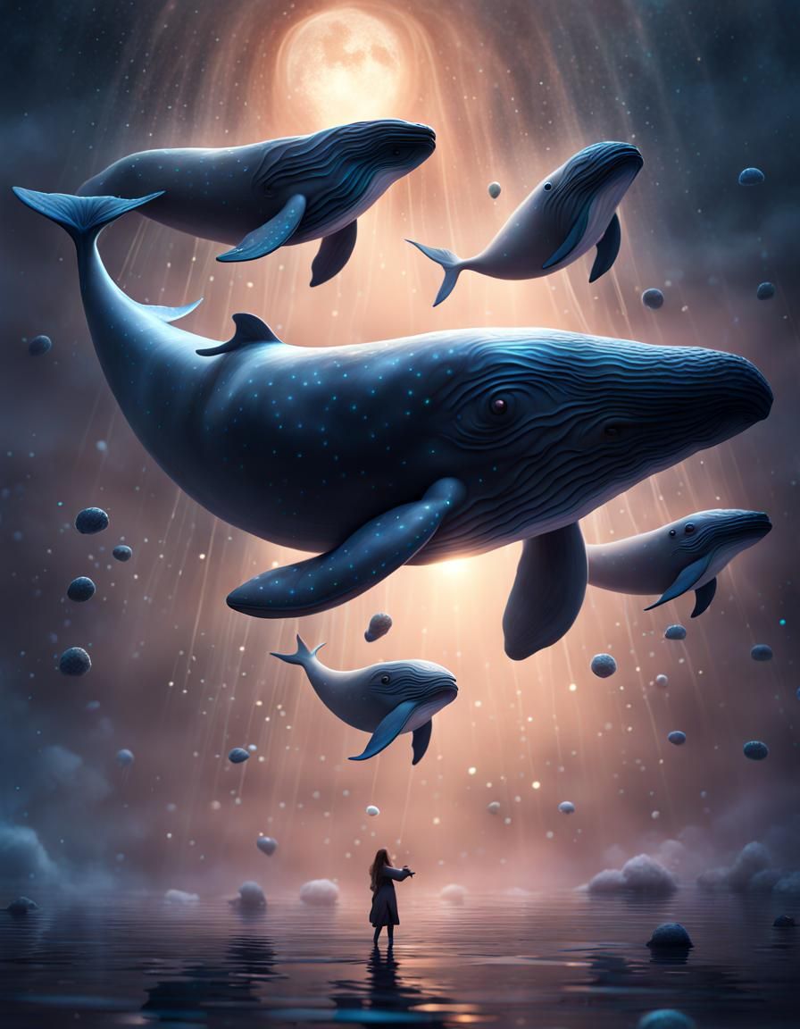 Cosmic Flying Whales in Dark Fantasy Style