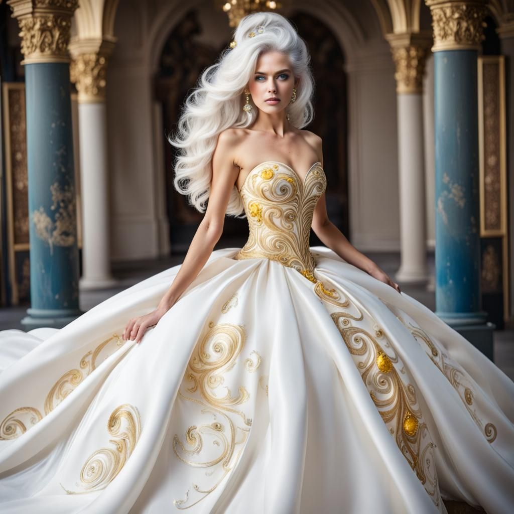 Elegant Woman in White Silk Gown with Gold Swirls
