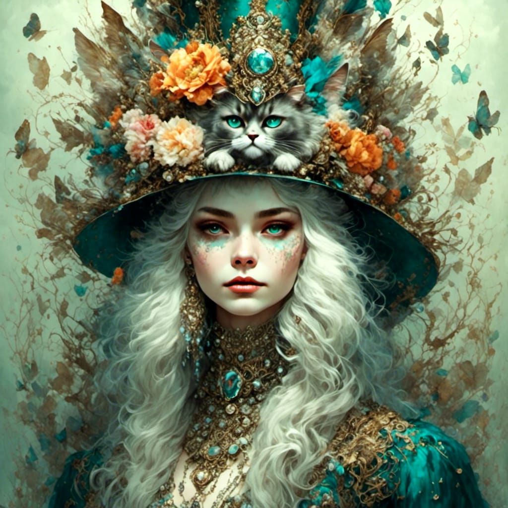 Dark Fantasy Girl with Cat in Hat