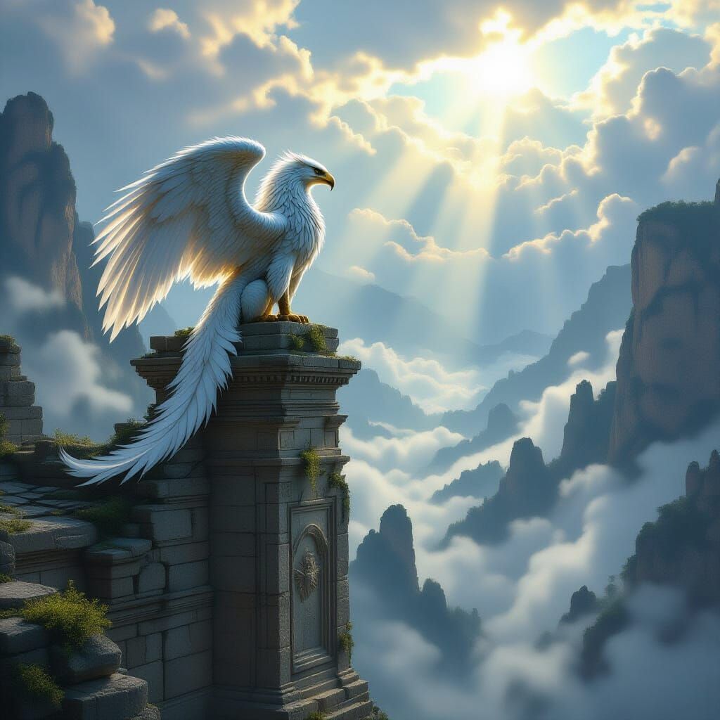 Majestic Griffin Surveys Mist-Shrouded Valley in Fantasy Art...