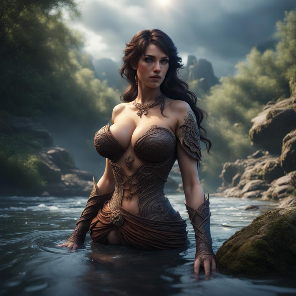 Brunette Beauty in River: Detailed Matte Painting