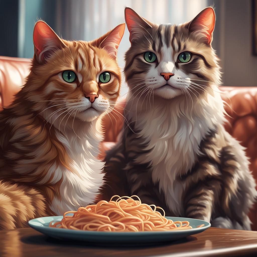 Two cats are sitting on a couch, eating spaghetti and watching TV.