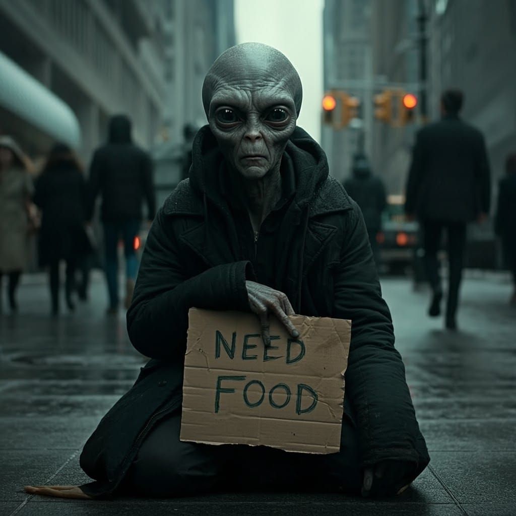 Desperate Alien Begs for Food: Documentary-Style Photo
