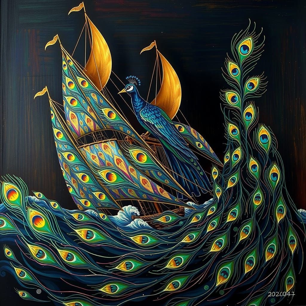 Elegant Antique Sailing Ship in Vibrant Peacock Colors