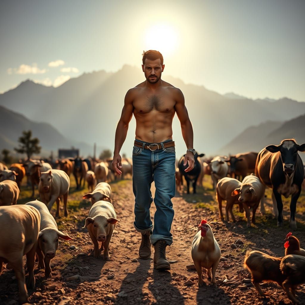 Realistic Farm Scene with Farmer and Animals