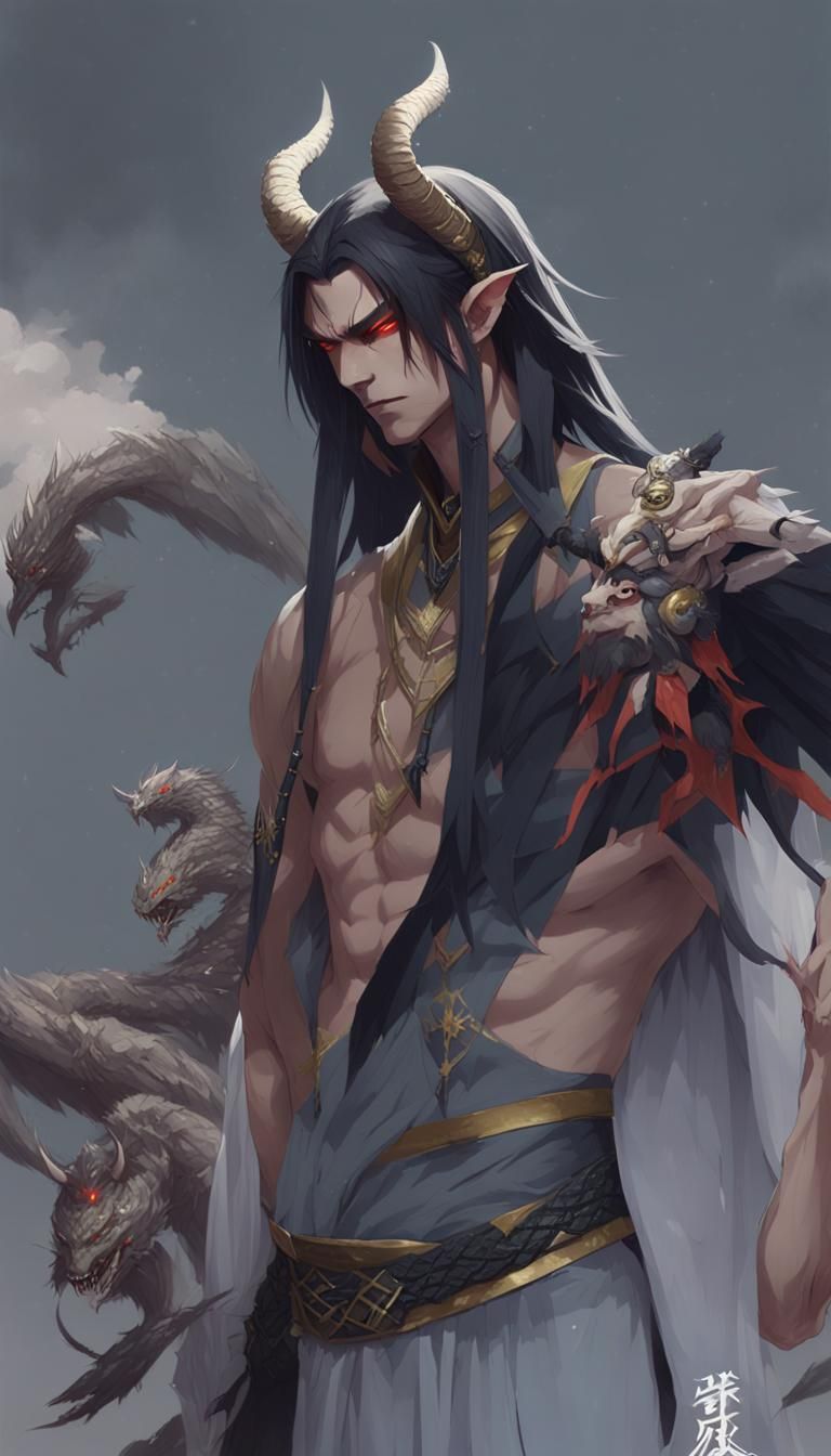 Anime Demon King with Raven and Snake