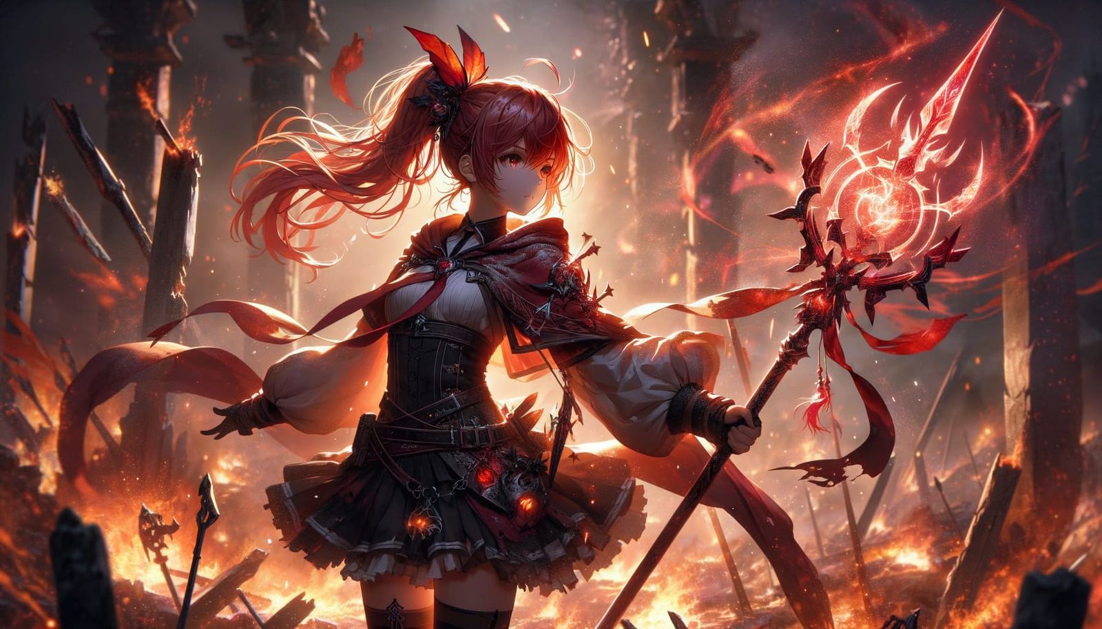 Fiery Haired Warrior on Battlefield with Glowing Spear