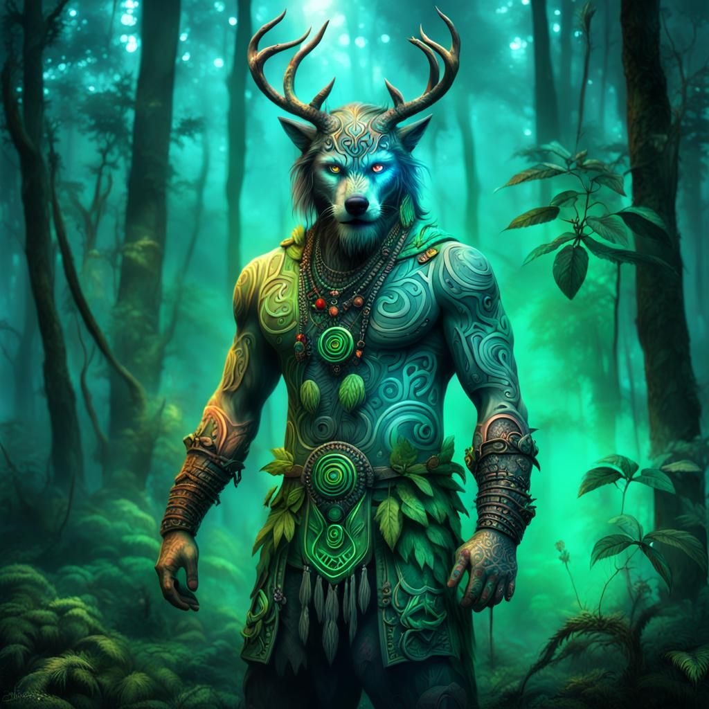 Luminescent Stagwolf: A 3D Jungle Druid
