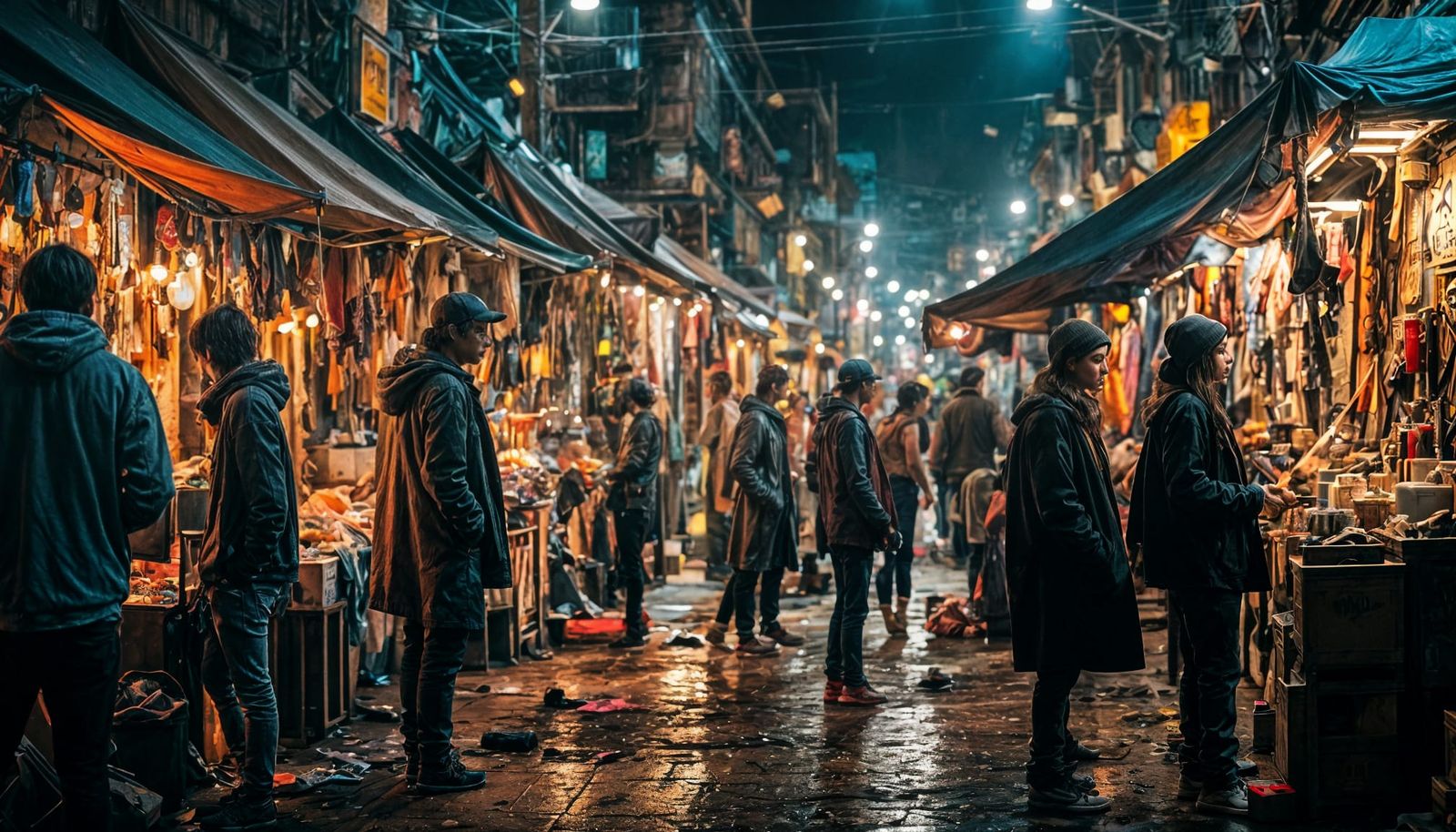 Vibrant Urban Night Market in Cyberpunk Style