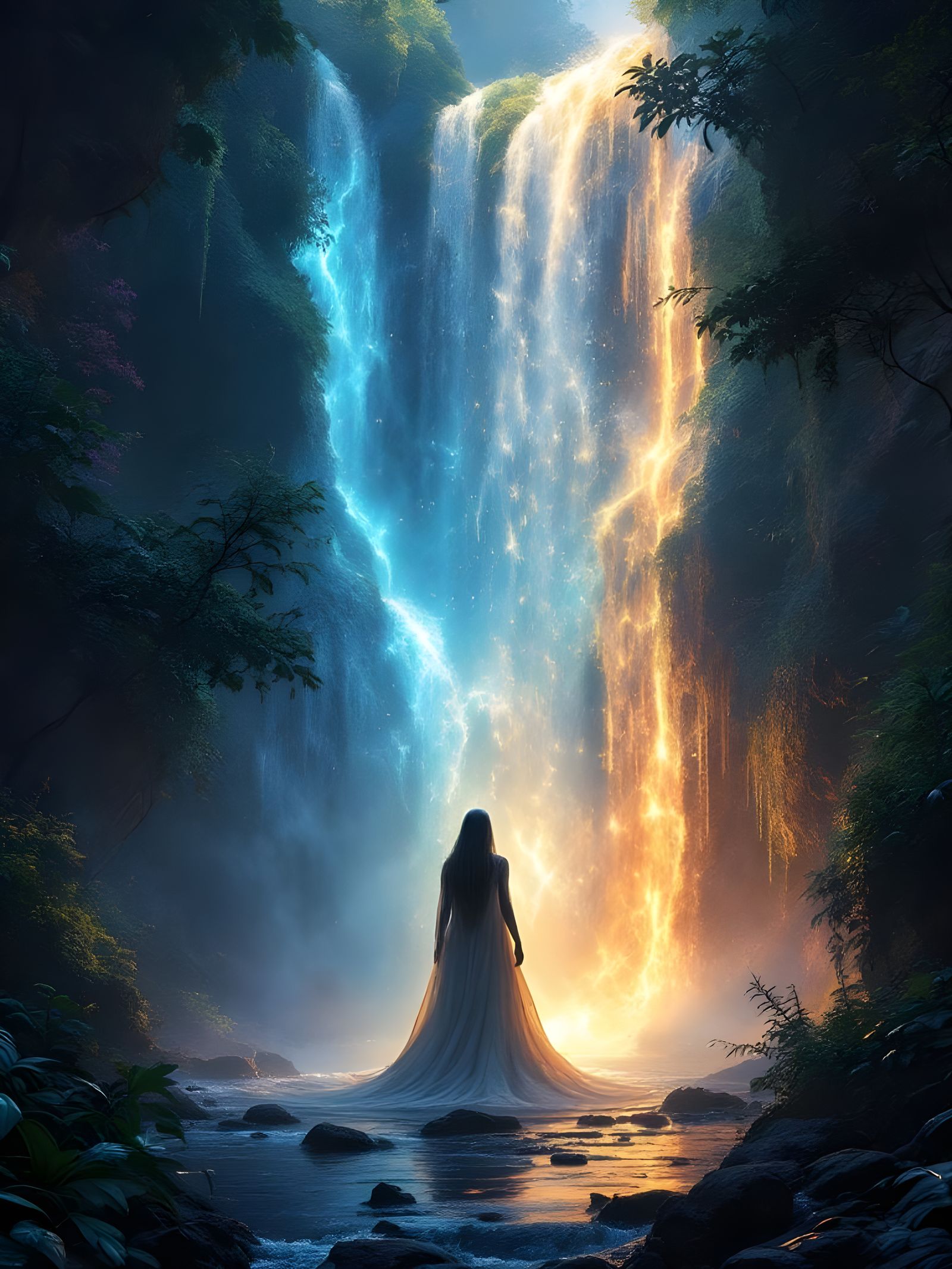 Luminous Magical Waterfall in Vibrant Maximalism