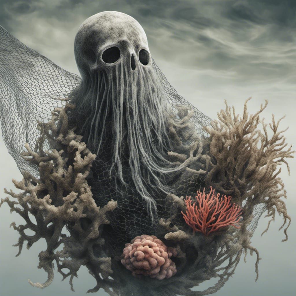 Victorian Sea Ghost Illustration with Coral and Seaweed