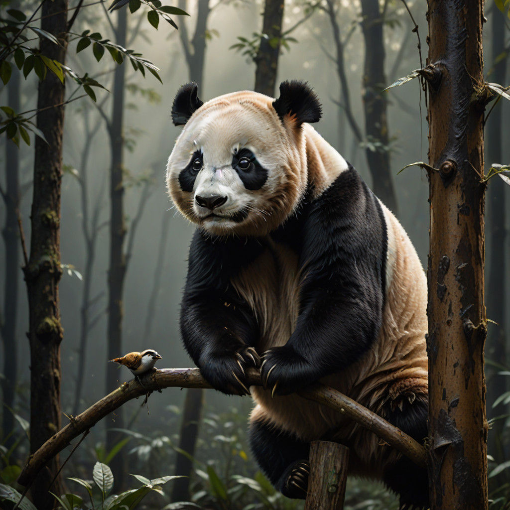 Hyper-Realistic Wildlife Portrait of a Panda on a Metal Pole
