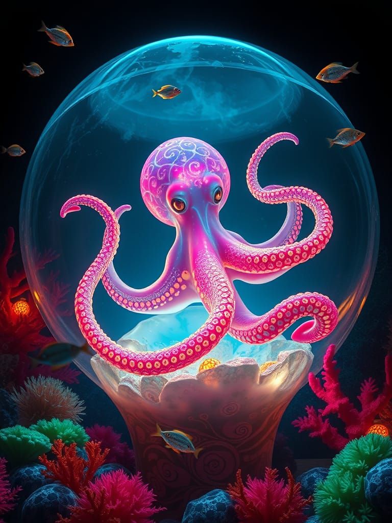 Neon Octopus Emerges From Vase in Ocean Depths