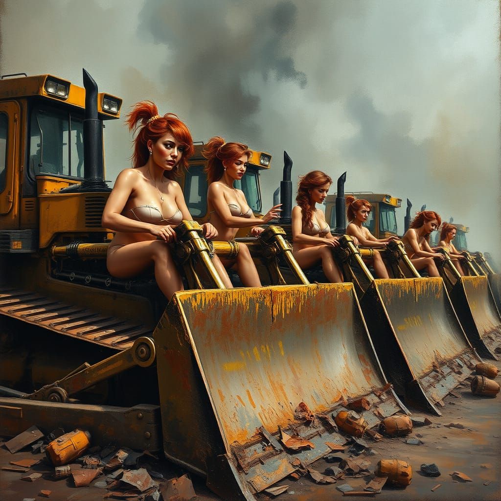 Pin-Up Women Drive Bulldozers in Chaotic Race