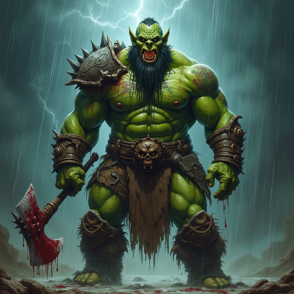 Orc Berserker in Thunderstorm, Frazetta-Style