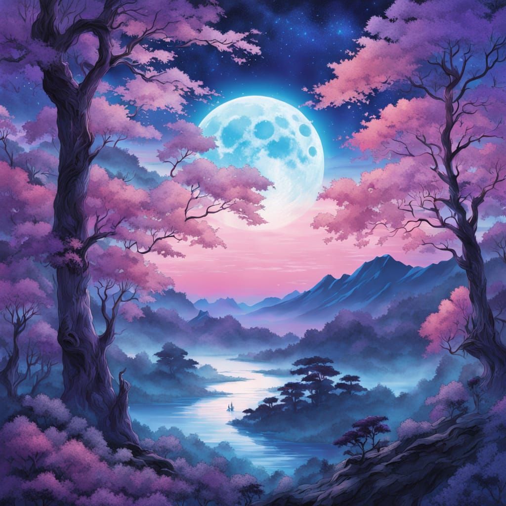 Dreamy Watercolor Full Blue Moon Landscape