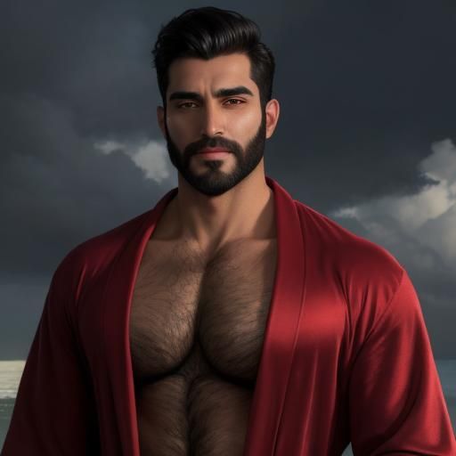 Hirsute Man in Red Robe on Seashore