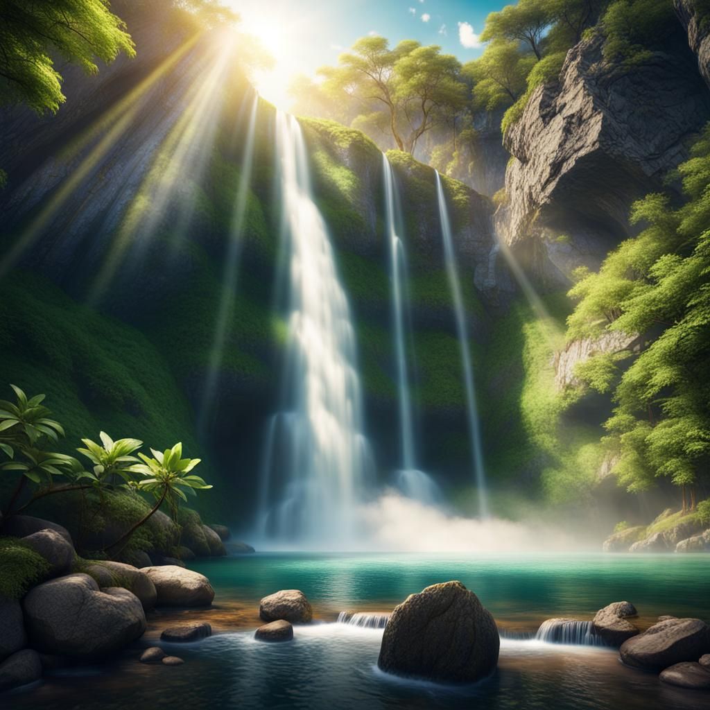 Sunlit Waterfall in Mountain Gorge: Photorealistic Image