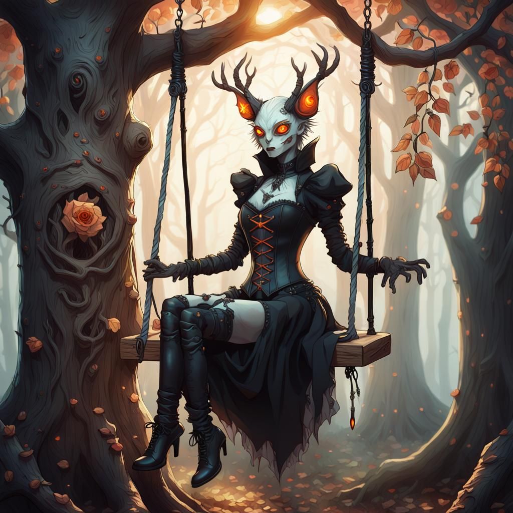 Eerie Stitched Creature on Forest Swing