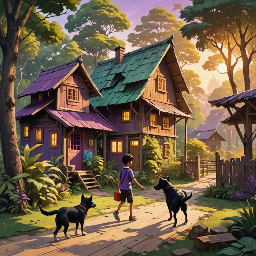 Singaporean Village Scene with Boy and Dog