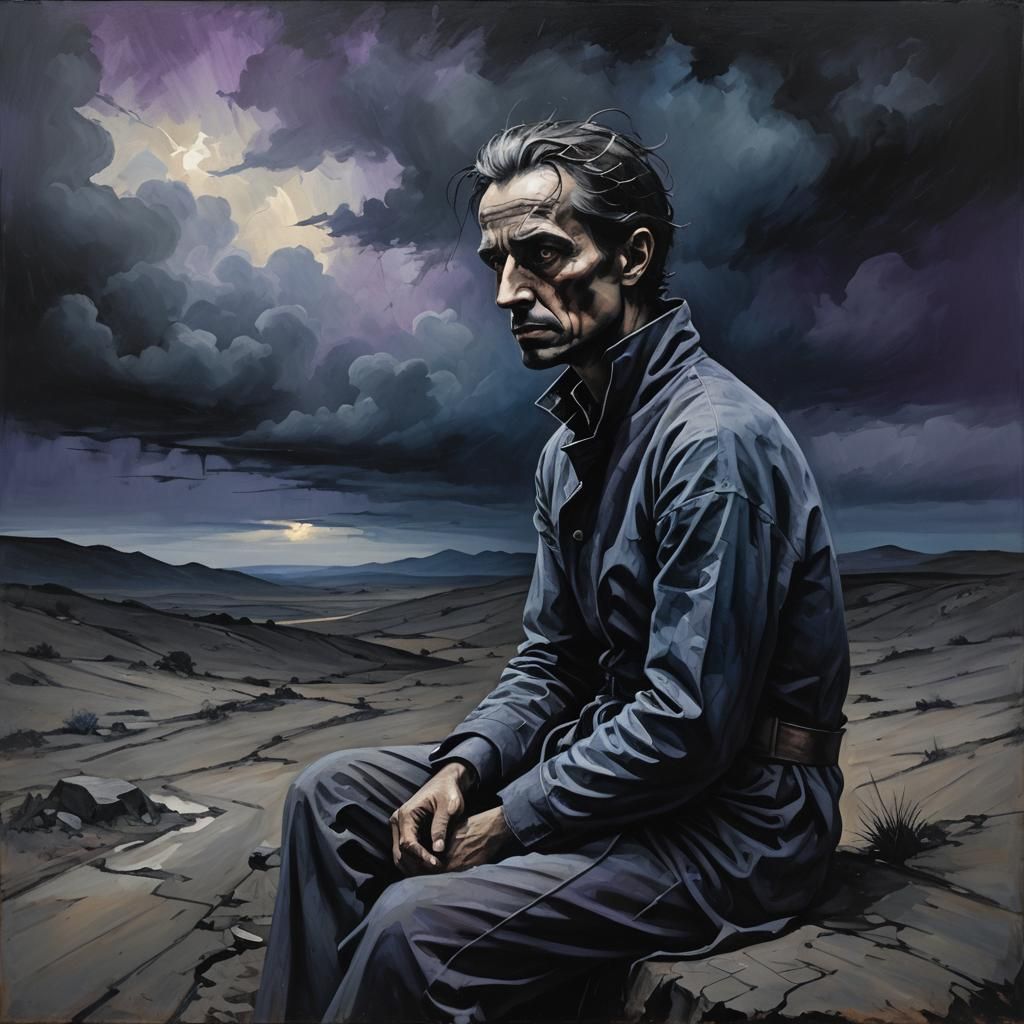 Desolate Figure in Grey Landscape: Surrealist Painting