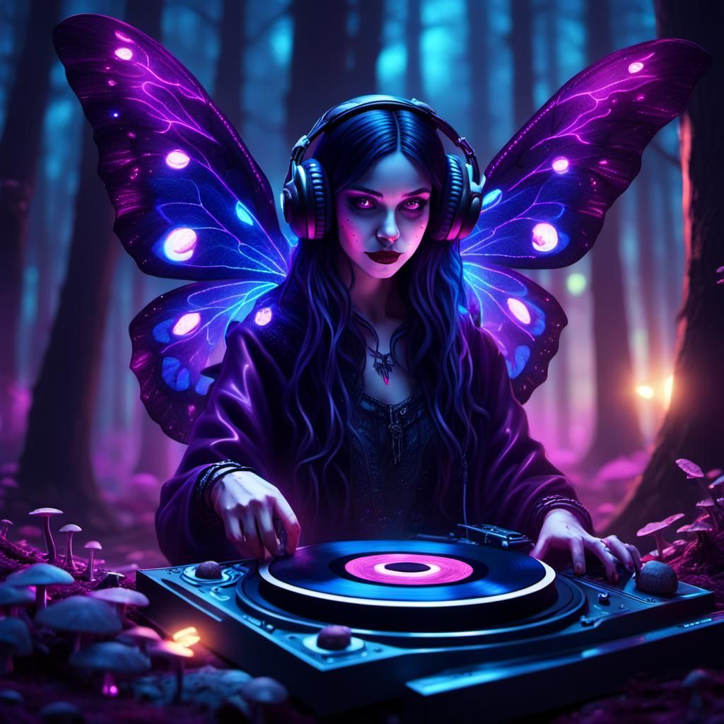 Vibrant Dark Fantasy Vampire DJ in Mystical Forest