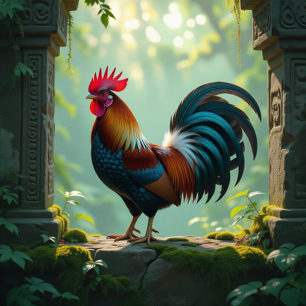 Iridescent Rooster on Ancient Ruins, Painterly Style