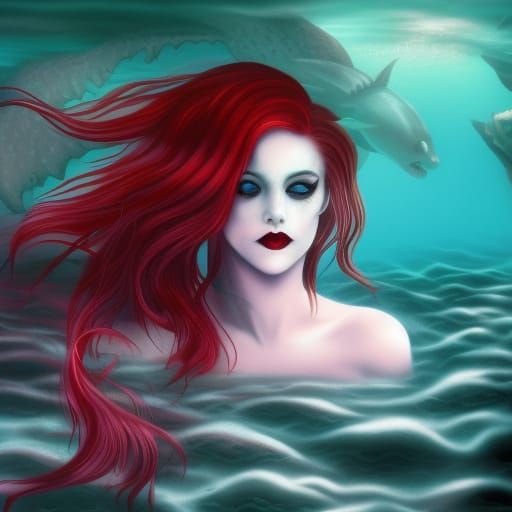 Gothic Vampire Mermaid in Underwater Abyss