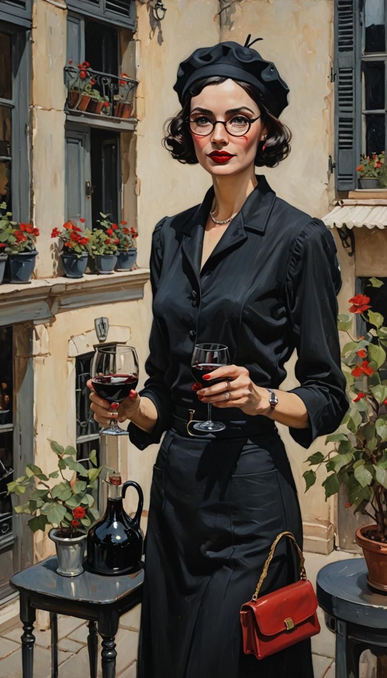 French Woman with Wine in 1930s Style, Oil Painting