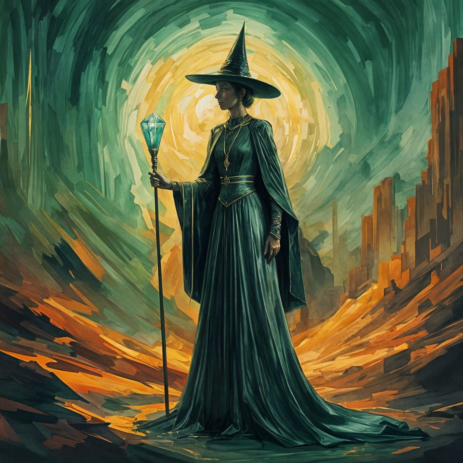 Art Deco Witch in Glamorous Gown with Crystal Staff