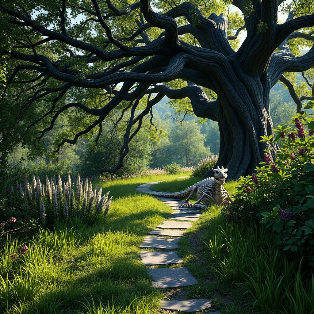 Emerald Dreamscape: Lush Spring Forest with Ancient Sentinel