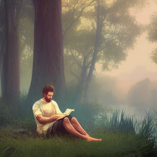 Idyllic Riverside Reading: Dynamic Lighting, Detailed Art