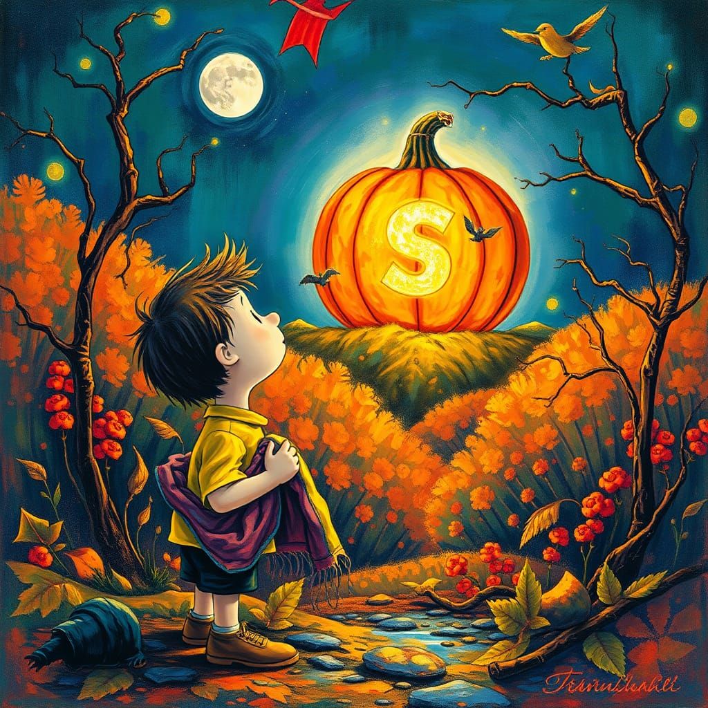 Linus and the Great Pumpkin in Fluorescent Impasto Style