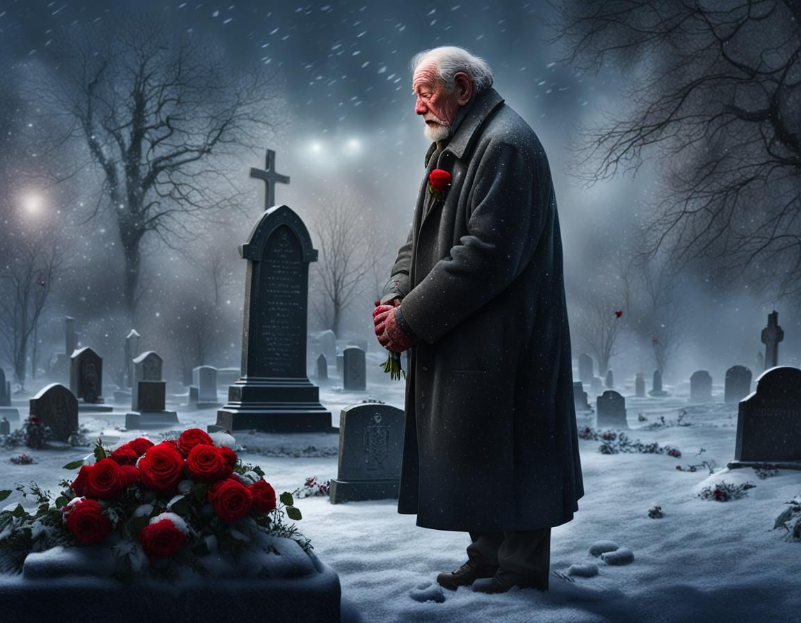 A Grieving Man Stands Alone in Winter's Snowy Silence