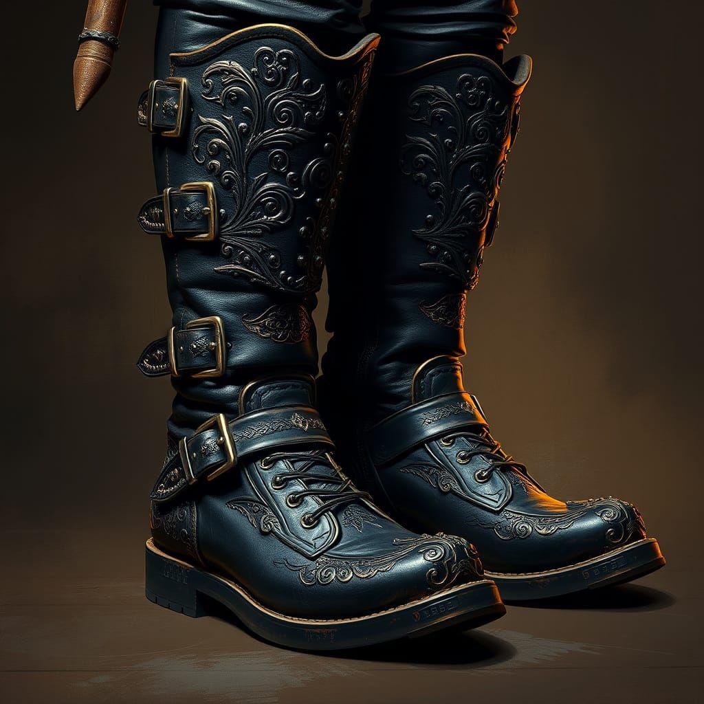 Elegant 17th-Century Cavalier Boots in Distressed Black Leat...