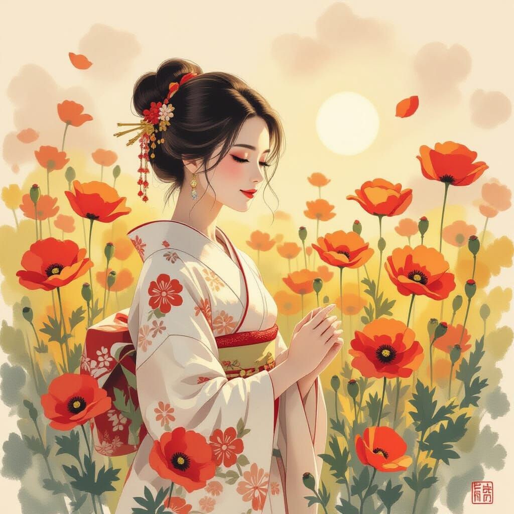 Poppies and Serene Woman in Japanese Yamato-e Style