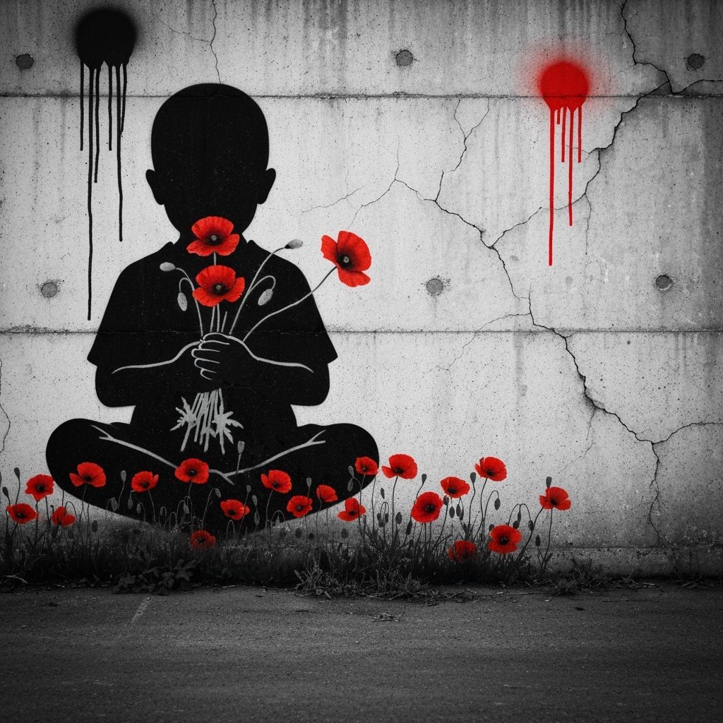 Child Meditating with Poppies, Stencil Art Style