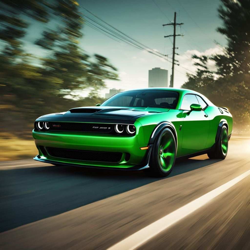 Black Emerald Hellcat Muscle Car with Fiery Accents