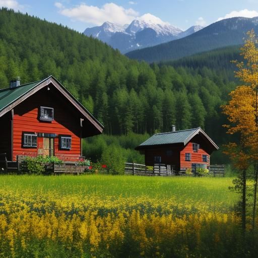Idyllic Forest Clearing with Mountain Cabin and River