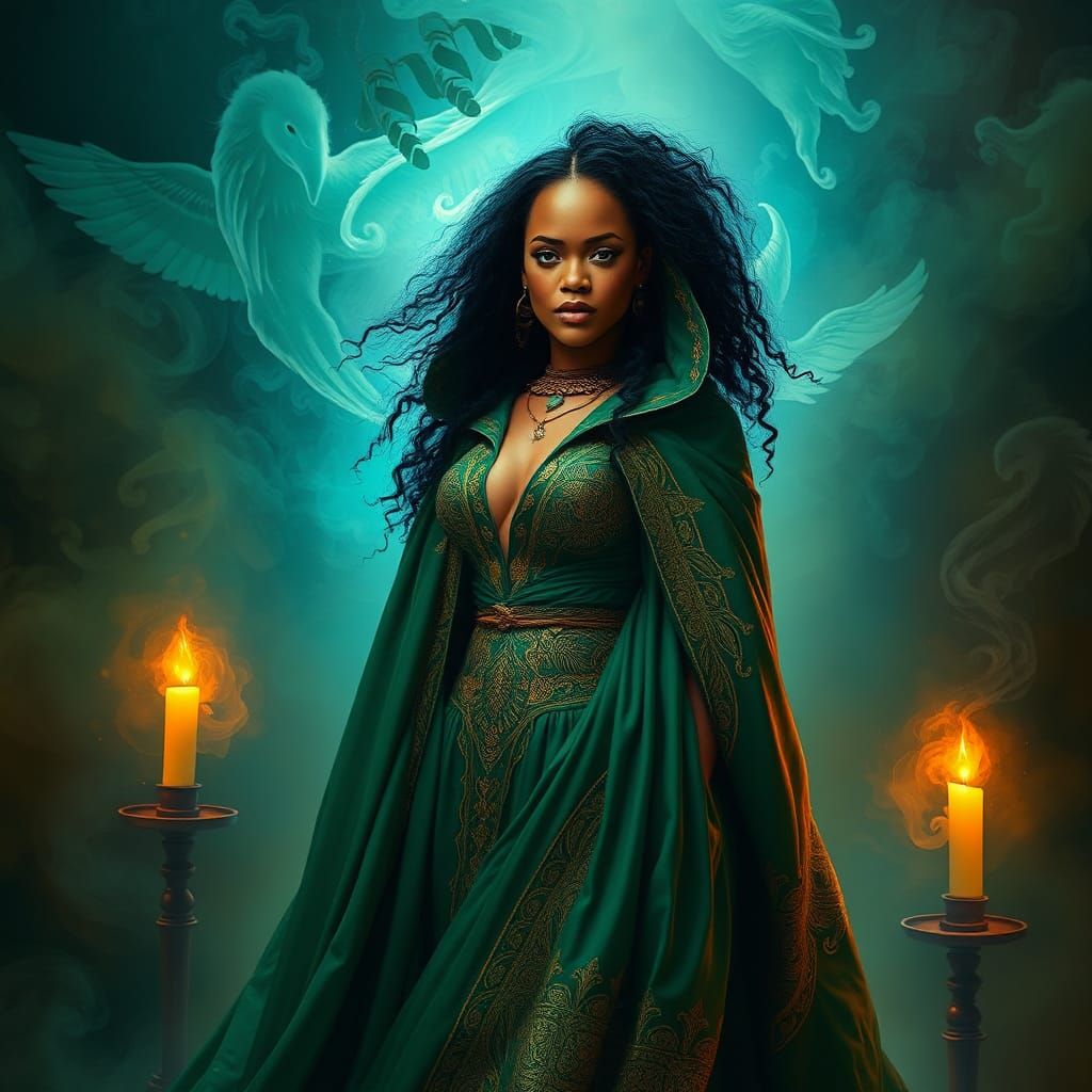 Enchanted Afro-Caribbean Goddess in Emerald Cloak