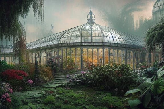 Gigantic Victorian Greenhouse with Swirling Blooms