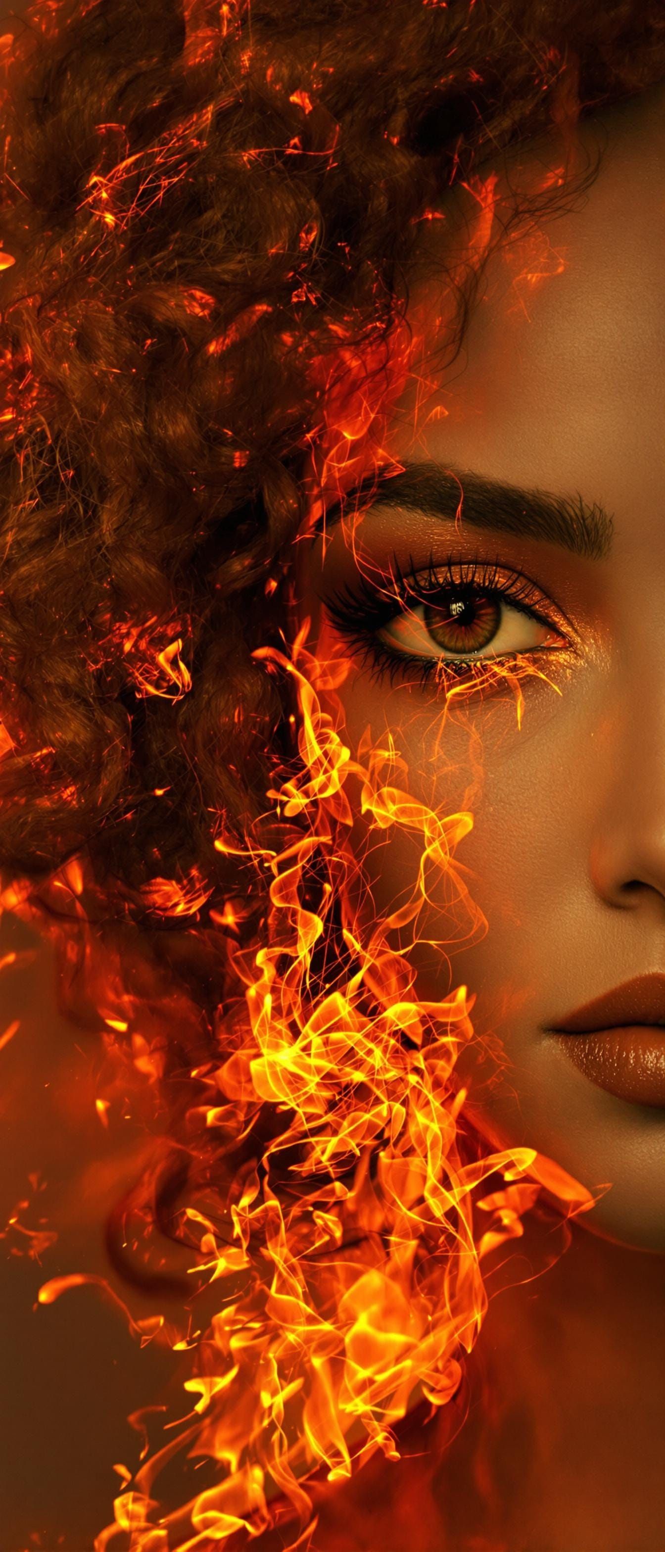 Fiery Woman Portrait: Abstract Fire Hair