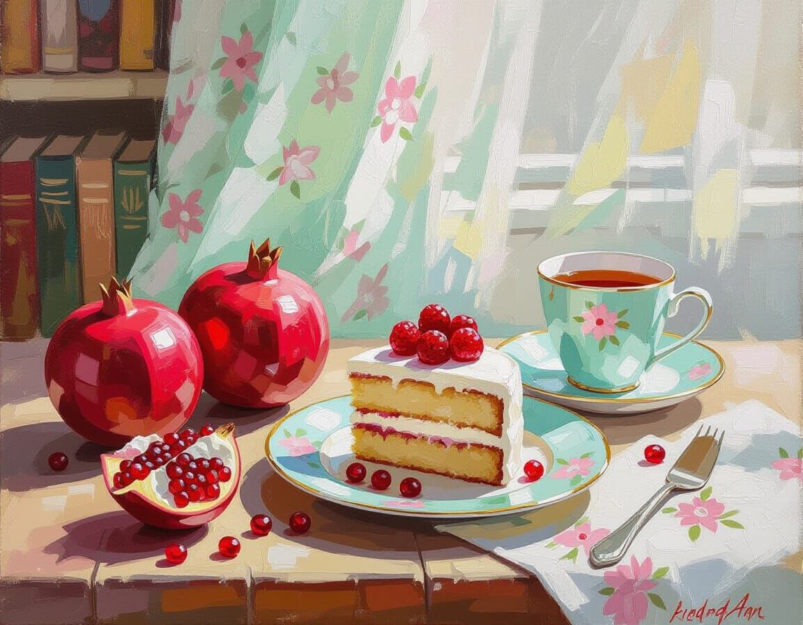 Impressionist Pomegranate Still Life Painting with Cake and ...
